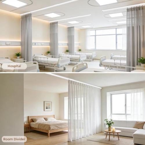 Ceiling Curtain Track White 12-15 ft Heavy Duty Ceiling/Wall Mount Rail | Includes 50 quiet-glide rollers, 50 hooks and 50 clips. Supports up to 50 lbs for room dividers, bathrooms and hospitals