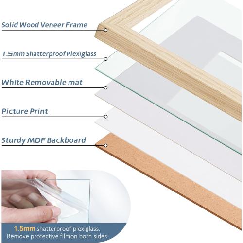 16x20 Frame Matted to 11x14 Natural Solid Wood Veneer 16 x 20 Picture Frame with Shatterproof Plexiglass, 16x20 Frames Wooden 20x16 Picture Frames for Wall Gallery Home Decor, 1 Pack
