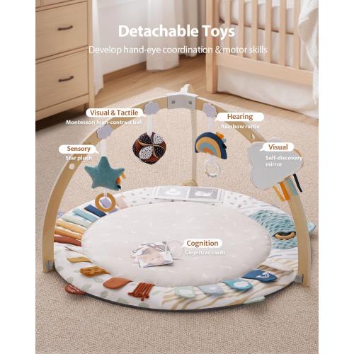 Blissful Diary Baby Play Gym & Activity Mat, 5 Developmental Zones Wooden Tummy Time Mat with 5 Detachable Sensory Toys for Motor Skills & Sensory Development, Baby Essentials Shower Gift