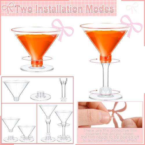 48 Pcs Party Plastic Martini Glasses Disposable with Pink Bow Drink Tag 5 oz Clear Martini Cocktail Glasses Bulk for Fall Halloween Party Wedding Birthday Wine, Desserts, Appetizers