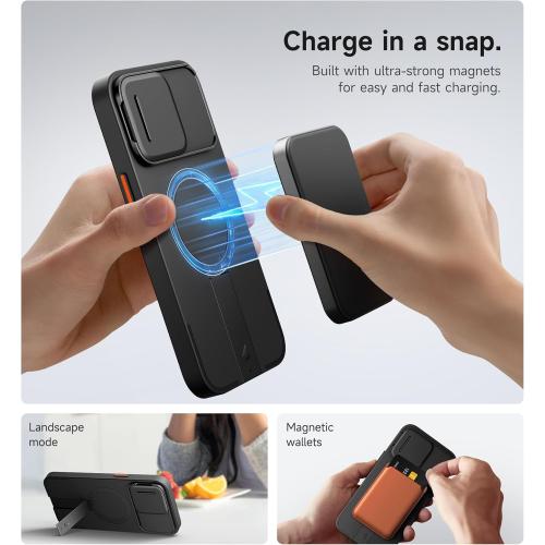 SURITCH for iPhone 14 Pro Max Case with Magnetic Camera Slide Cover and Adjustable Kickstand, Compatible with MagSafe, Shockproof Bumper Case Slim Protective Cover 6.7 Inch, Black