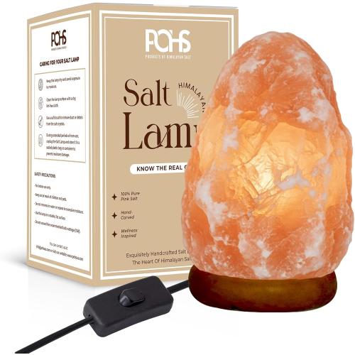 POHS 7 Inches,4-5 lbs, 100% Authentic Natural Himalayan Pink Salt Lamp, Hand Crafted Wooden Base, with on & Off Switch