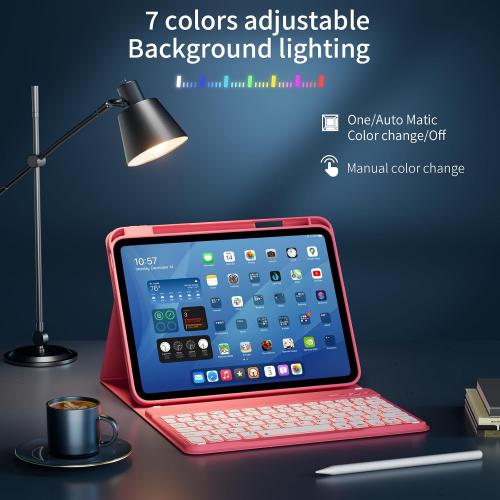 for iPad 10th 11th Generation Case with Keyboard, Folio Cover with Pencil Holder, 7 Colors Backlit Wireless Detachable Keyboard for iPad 11 inch A16 2025 10th Gen 10.9 Inch 2022, Red