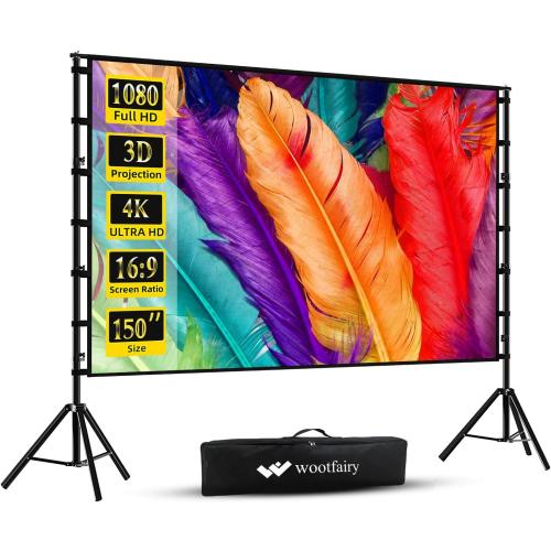 Wootfairy 150inch Projector Screen with Stand: Portable Wrinkle-Free Screen | Foldable 16:9 4K HD Front Rear Projection Movie Screen with Carry Bag for Indoor Outdoor Backyard Family Live Sports Night