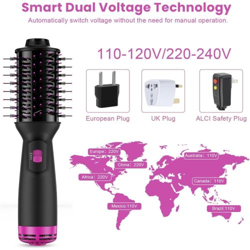Dual Voltage Mini Hair Dryer Brush with UK/EU Plug, Blow Dryer Brushes 120V - 240V for European Travel, One Step Hair Dryer and Styler Volumizer with Negative Ion Anti-frizz Styling Brush