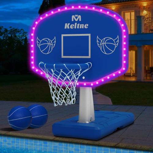 LED Pool Basketball Hoop Poolside, Super Bright Large Solar Powered Basketball Hoop for Pool, Swimming Pool Basketball Game Toys with Lengthen Sturdy Base for Kids Adults, Includes 2 Balls and Pump