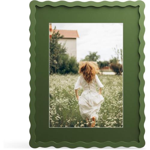 11x14 Picture Frame with Mat for 8x10, Wavy Edge Wooden Real Glass Photo Frame for Wall Hanging, Green, 2 Pack