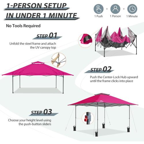 EAGLE PEAK 13x13 Straight Leg Pop Up Canopy Tent Instant Outdoor Canopy Easy Single Person Set up Folding Shelter w/Auto Extending Eaves 169 Square Feet of Shade (Deep Pink)