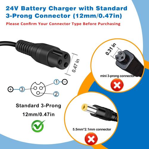 24V Charger for Electric Scooter Razor MX350 E100 E125 E150 E175 E200 E200S E300 E300S MX400 Dirt Rocket Dirt Bike Dirt Quad Motorcycle Pocket Mod Sports Mod 3-Prong 24V Razor Scooter Charger