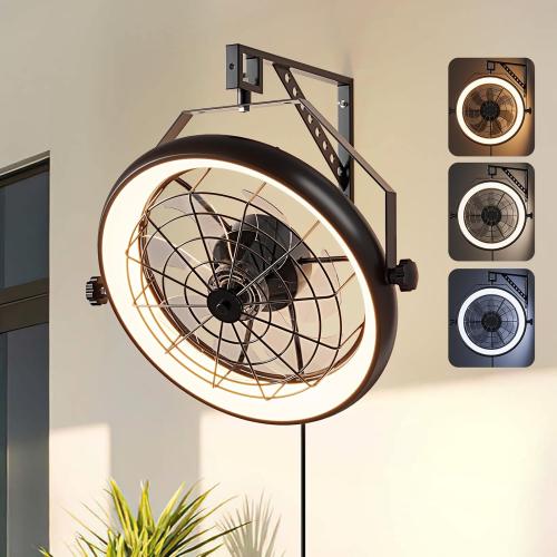 Wall Mounted Fan with Lights, 23” Wall Mount Fan with Remote, 6 Speeds Plug in Wall Fan, Reversible, 3CCT, Dimmable, Noiseless, 360°Adjustable Tilt for Workshop, Patio, Home