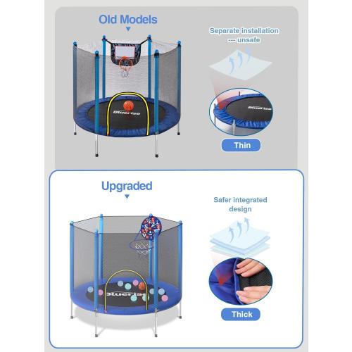 Size 55IN 6FT  Trampoline 55IN 6FT Toddler Trampoline for Kids Indoor Outdoor Play for Kids Trampoline Basketball Hoop Attachment with Enclosure Net Easy to Assemble Outdoor Indoor Trampoline