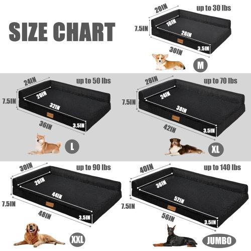 Patas Lague Orthopedic Dog Bed Large Sized Dog 36''X24'', Waterproof L Bolster Medium Pet Sofa Beds with Removable Washable Cover, Soft Comfortable Pet Couch Crate Mat with Nonskid Bottom, Black