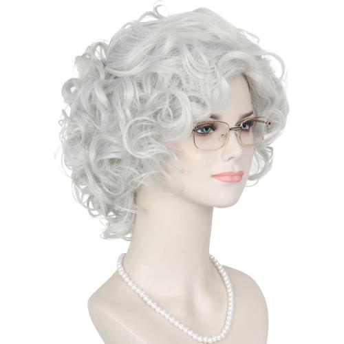 Yan Dream Old Lady Wigs Old Woman Costume Set Silver Grey Grandma Wig Granny Glasses Pearl Necklace for Halloween