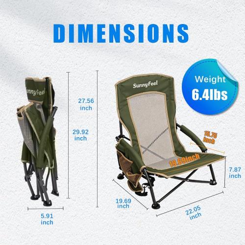 SunnyFeel Low Folding Beach Camping Chair 2 Pack, Portable Backpacking Chairs with Mesh Back,Cup Holder, Compact & Heavy Duty for Adults 300 LBS for Outdoor Picnic Fishing Concert Sand Lawn (2pcGreen)