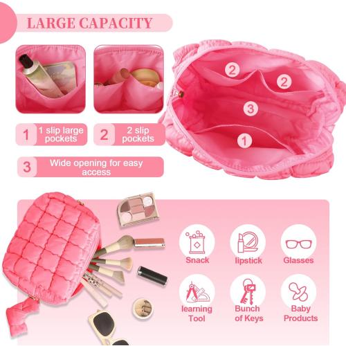 Puffer Quilted Makeup Bag Cosmetic Bags,Puffy Travel Toiletry Pouch for Women,Cute Checkered Zipper Bag Travel Essential,Portable Aesthetic Make up Organizer Bag for Gifts Work Daily(Pink,M)