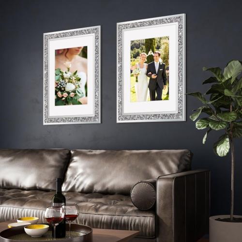 Big Mirror Photo Frame 16x20inch Mat To 11x14inch Crushed Diamond Bling Sparkle Home Decor, 2 Pack Crystal Silver Glass Wedding Picture Poster Wall Frame.