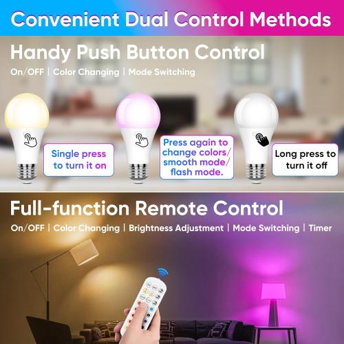 Rechargeable Battery Operated A19 Light Bulb with Remote Control 4 Packs, Dimmable Detachable LED Bulb with 15 Colors Selectable & 3 Timer, Wireless Puck Light Bulb for Wall Sconce, Non-Hardwired