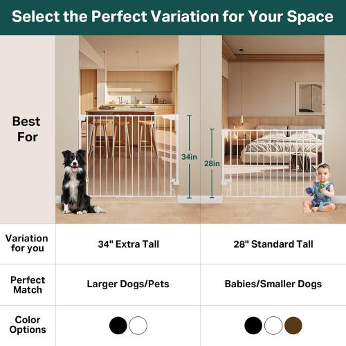 Cumbor 34 Extra Tall No Bottom Bar Baby Gate for Stairs, Hardware Mounted Dog Gate Indoor for Larger Pets, Expandable 29.2-43 Safety Gate for Doorways, Wide Walk Thru Door for Easy Access (White)