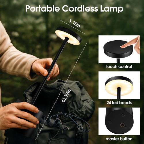 Cordless Table Lamp – 2 Pack Rechargeable Table Lamps, 5000mAh Battery Operated Lamp with 3-Color Dimmable Light, Outdoor Table Lamp for Bedroom, Restaurant, Patio, Home Décor (Black)