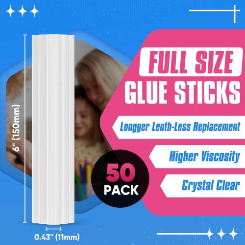 EZUVITA Full Size Hot Glue Sticks, 0.43” Dia x 6” Long, 50-Pack Clear Hot Melt Glue Gun Sticks for All-Temp Full Glue Guns, Multipurpose for DIY Art Craft General Repairs, Festival Decorations