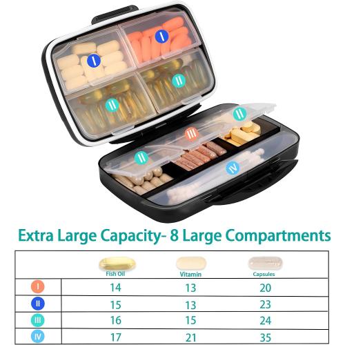 Travel Pill Organizer Large Portable Medication Organizer, Fullicon Oversize 8 Compartment Pill Box, Vitamin Travel Case Pill Holder - Airtight & Moistureproof (Blue)