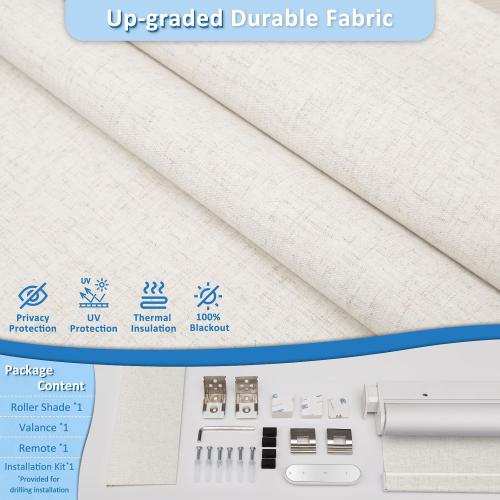 Smart Motorized Blinds with Remote, Cordless No-Drill Automatic Roller Shades, Blackout Electric Blind for Windows, Linen Stone