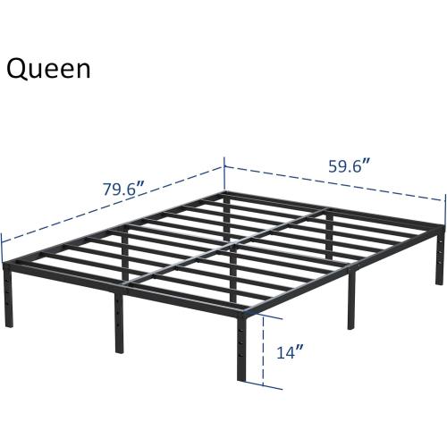 14 Inch Metal Bed Frame Queen Size No Box Spring Needed, Heavy Duty Platform Support Up to 3000 lbs, Easy Assembly, Noise Free, Black