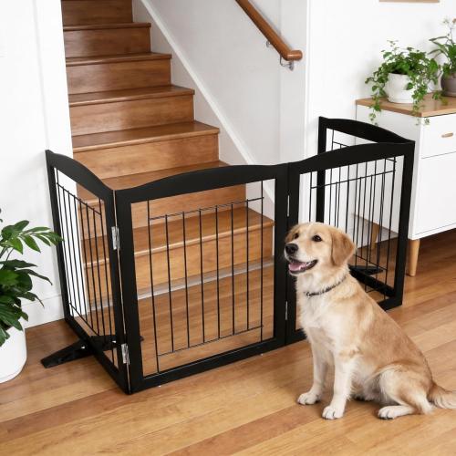 ZJSF Freestanding Dog Fence Indoor, Foldable Dog Gate for Doorways, Stairs or Hallways, Sturdy Wood Extra Wide Pet Gate with Support Feet for The House, Black, 32 Height-3 Panels