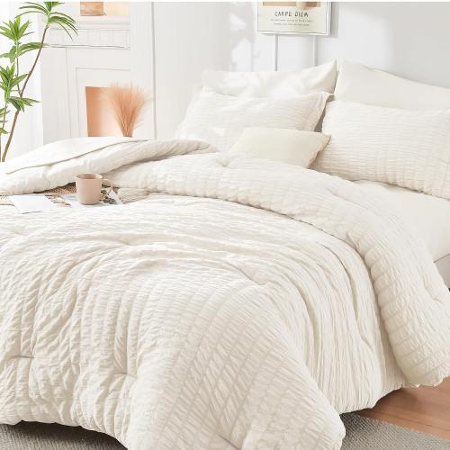 HYMOKEGE Ivory King Size Comforter Set Seersucker 7 Pieces, All Season Luxury Bed in a Bag for Bedroom, Bedding Set with Comforters, Sheets, Pillowcases & Shams