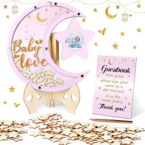 Baby Shower Guest Book Alternatives Moon Guest Book for Baby Shower Guest Book Frame with Star Baby Shower Decorations Guest Book Alternative for Wedding Boys Girls Birthday Party Keepsake(Pink)