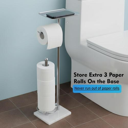 Toilet Paper Holder with Shelf, Free Standing Toilet Paper Holder with Storage - Toilet Paper Stand for Holding Extra 3 Rolls, Tissue Holder for Bathroom (Brushed Nickel with Marble Base)