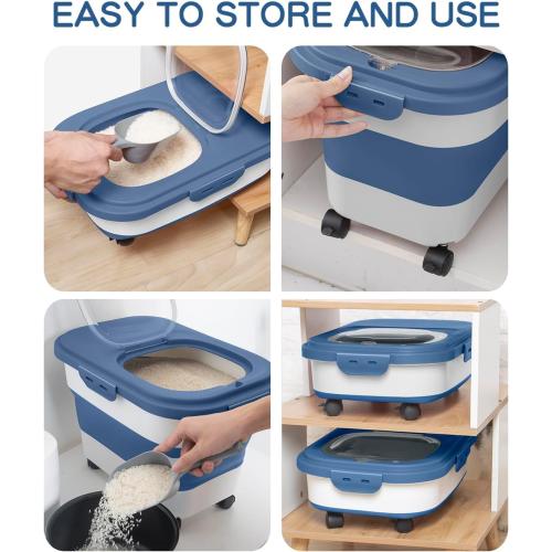 Rice Storage Container,Collapsible Food Storage Containers with Rolling Wheel Airtight Locking Lid,Flour Storage Container with Cup and Scoop,Suitable for Food,Rice,Pet Food,Flour
