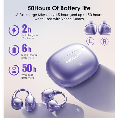 King Lucky Clip-On Earbuds Gen 3, Open-Ear Wireless Bluetooth 6.0 Headphones with Mic, Secure Fit for Small Ears & Glasses Wearers, 50H Playtime, ENC, IPX5 Waterproof Sport Ear Buds (Purple)