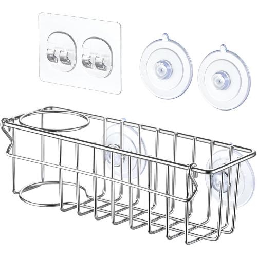 3-In-1 Sponge Holder for Kitchen Sink with Suction Cups & Adhesive Hook , In-sink Sponge Holder, Wall Hanging Sink Caddy Organizer Rack - Sponge, Dish Cloth, Brush, Scrubber - 304 Stainless Steel