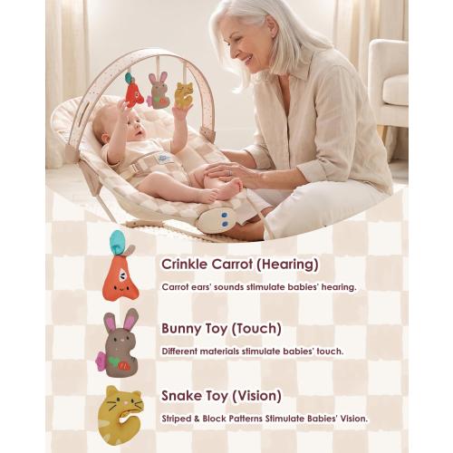 Tiny Marvels Baby Bouncer, Baby Bouncer Seat with Music for 0-6M, 20lbs | Soothing vibration, sensory toys, 3-point safety harness, machine washable seat, melodies 0–6 months, baby boy