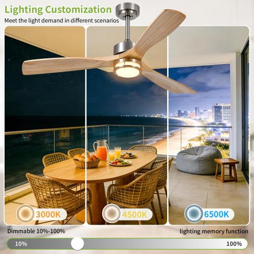 52 Inch Ceiling Fans with Lights and Remote Control, 3 Blade Ceiling Fan with Light for Bedroom Living Room Indoor Outdoor Patio, Reversible, 3CCT, Dimmable, Noiseless DC Motor, Nickel & Natural Wood