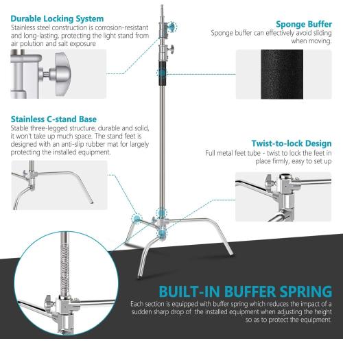 Neewer 10 Feet/3 Meters Adjustable C-Stand Light Stand with 4 Feet/1.2 Meters Extension Boom Arm, 2 Pieces Grip Head and Carry Bag for Photography Studio Video Reflector, Umbrella, Monolight, etc