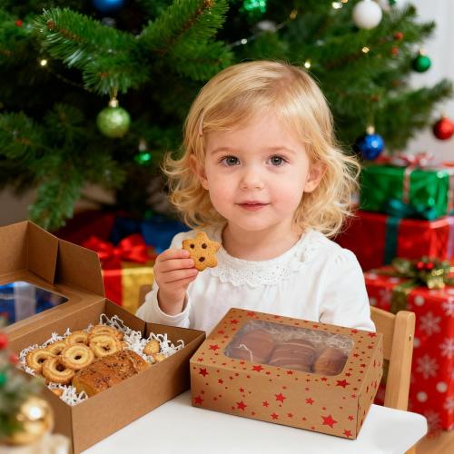 24 Pack Brown Cookie Boxes, 9x6x3Inch Red Star Baking Boxes for Gift Giving,Kraft Boxes with Window,Holiday Treat Boxes for Pastry,Cookie Tin Containers Box for Baked Goods Packaging