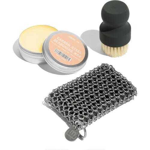 Made In Cookware | 3-Piece Carbon Steel Cleaning Set | Includes Chain Mail Scrubber, Cleaning Brush and Carbon Steel Seasoning Wax