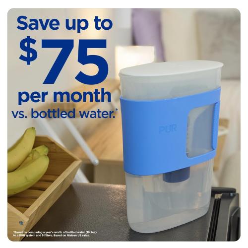 PUR Slim Water Filter Pitcher, 8-Cup Capacity, Compact Design for Dorms & Mini Fridges, Dishwasher Safe, Fast Filtration, Includes 1 Filter for Cleaner Great-Tasting Drinking Water Filtration, Violet