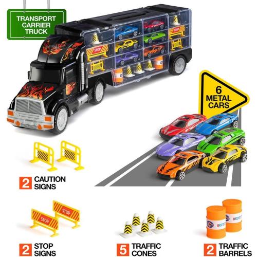 Toy Truck Car Carrier - Includes 6 Toy Cars and Accessories, Fits 28 Toy Car Slots - Great Gift for Boys and Girls - Original - By Play22
