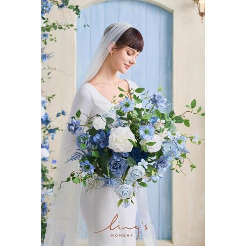 Ling's moment Artificial Flowers Fake Silk Roses Faux Foam Gardenia Combo for DIY Wedding Bouquets Centerpieces Arrangements Bridal Shower Party Home Decorations, Dusty Blue & Ivory, 23pcs