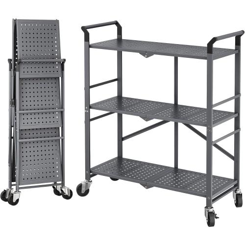 3 Tier Utility Carts - Folding Metal Rolling Cart with Wheels for Kitchen Office Garage Storage, Grey