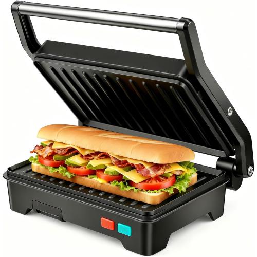 Panini Press Grill, Sandwich Maker with Non-Stick Coated Plates & Removable Drip Tray, 3-in-1 Electric Sandwich Press Opens 180° Flat, Stainless Steel Exterior with Overheat Protection,1000W, Black