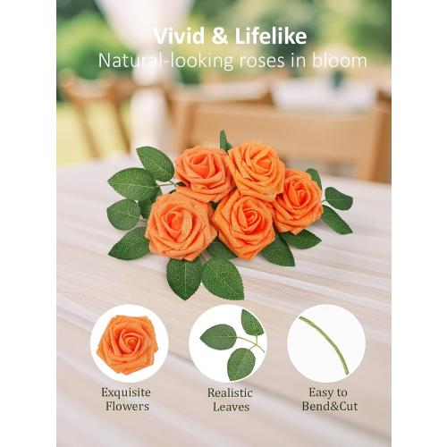N&T NIETING Artificial Roses Flowers, Fake Glitter Flowers Burnt Orange Roses Perfect for DIY Wedding Bridal Bouquets Centerpieces Bridal Shower Party Home Flower Arrangement Decorations, 25Pcs