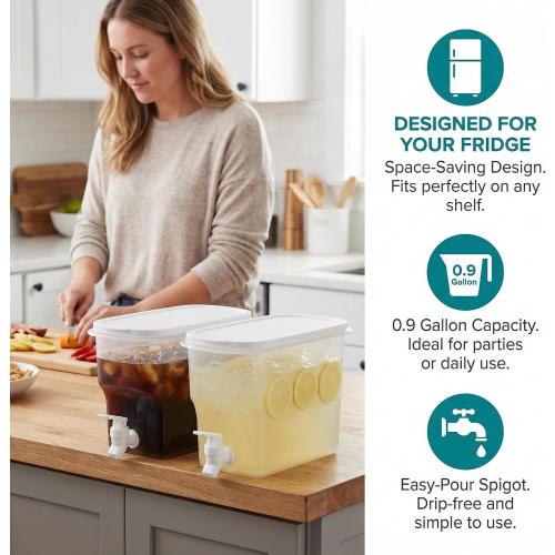 Jucoan 2 Pack 0.9 Gallon Fridge Beverage Drink Dispenser with Leak-proof Spigot, Plastic Cold Drink Juice Beverage Dispenser Jug for Party Drink, Juice, Iced Tea, Lemonade, Cold Brew