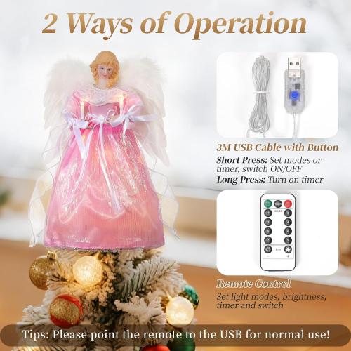 Lewondr Christmas Tree Topper Angel, 12'' Light Up Angel Tree Topper with Wings and Candle Light, 8 Modes and 6 Hrs Timer USB and Remote Operated Christmas Decor for Holiday Home Decor, Pink