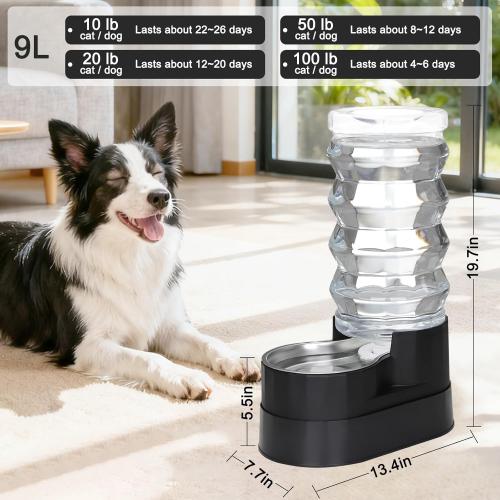 RIZZARI Automatic Dog Water Dispenser: 9L Black Elevated Feeder with Stainless Steel Dish for Elderly Dogs with Spinal Issues - Gravity-Fed Wide-Mouth - Non-Slip - Stable Base for Home or Garage Use