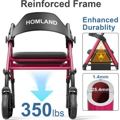 Walkers for Seniors with Seat, Foldable Rollator Walker, Reinforced Aluminum Frame, 8 Big Rubber Wheels for All Terrain, Height Adjustable Lightweight Rolling Walker