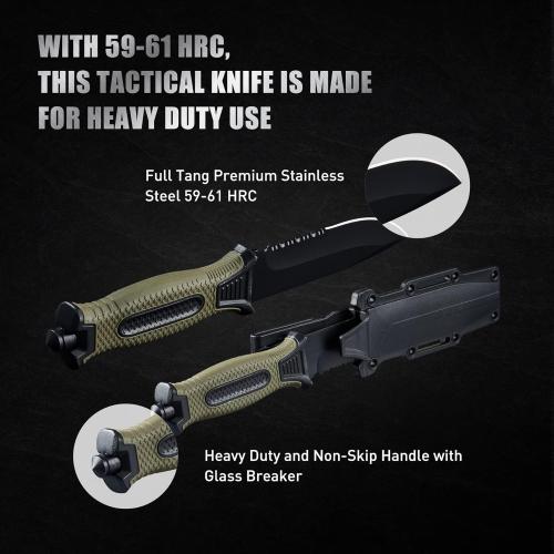 10 Fixed Blade Tactical Knives with Sheath and Clip, Stainless Steel Survival Hunting Bushcraft Full Tang Non-Slip Handle Knife for Camping, Hunting, Adventure, Outdoors, EDC，Military Green